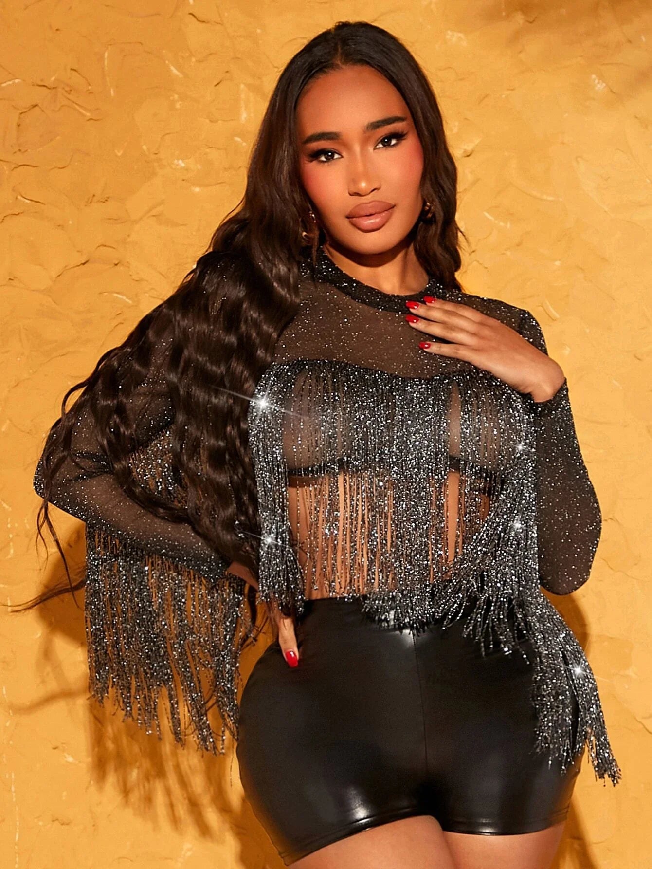 Sophia - Elegantes Glitzer-Netz-Top mit Fransen