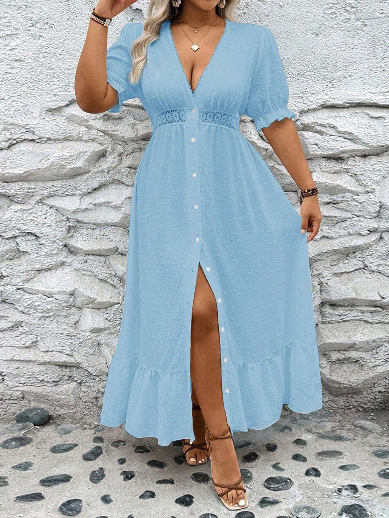 Midi |  Übergröße Kleid mit tiefem V-Ausschnitt und Oberschenkelschlitz