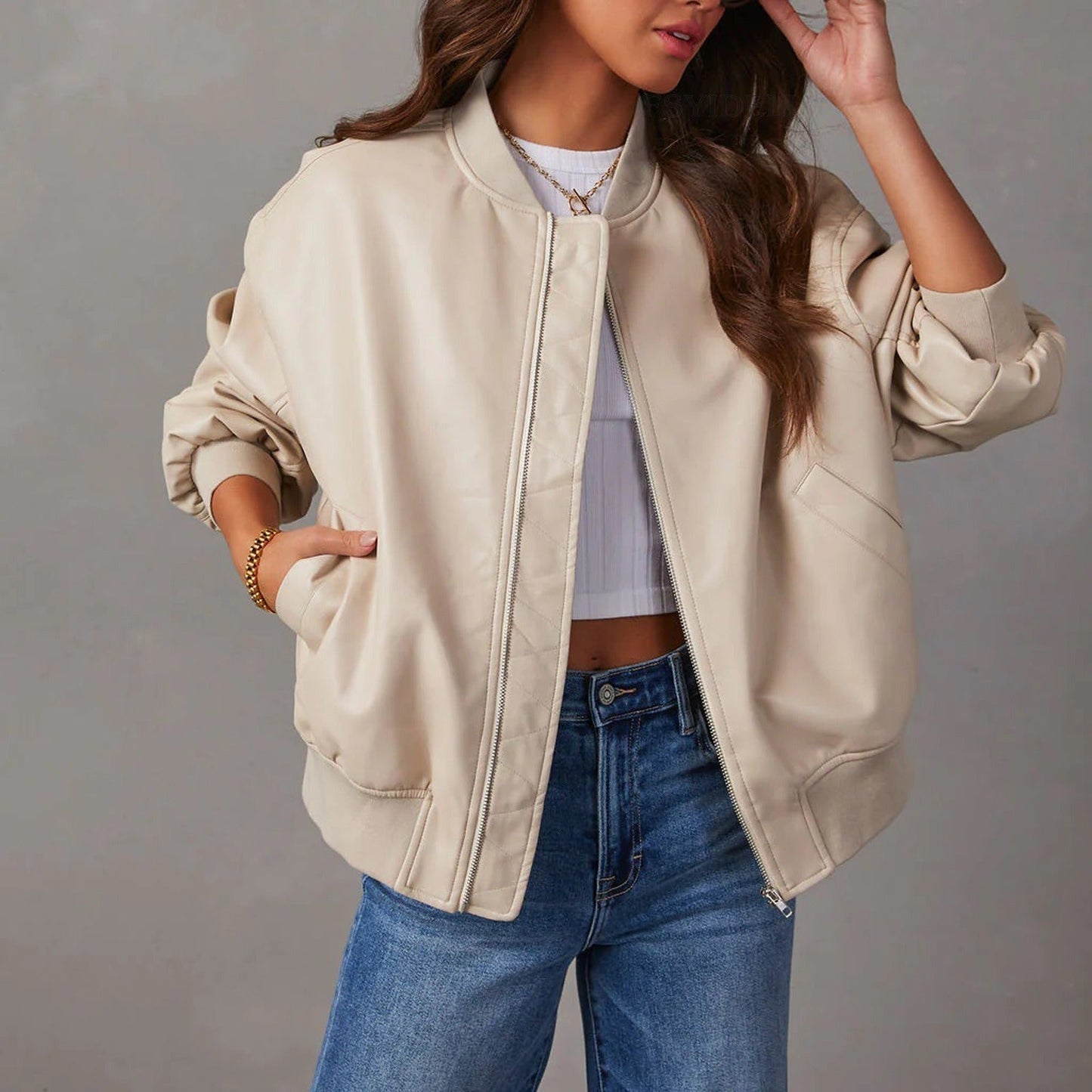 Wiselle | Giacca da biker casual in stile baseball in pelle