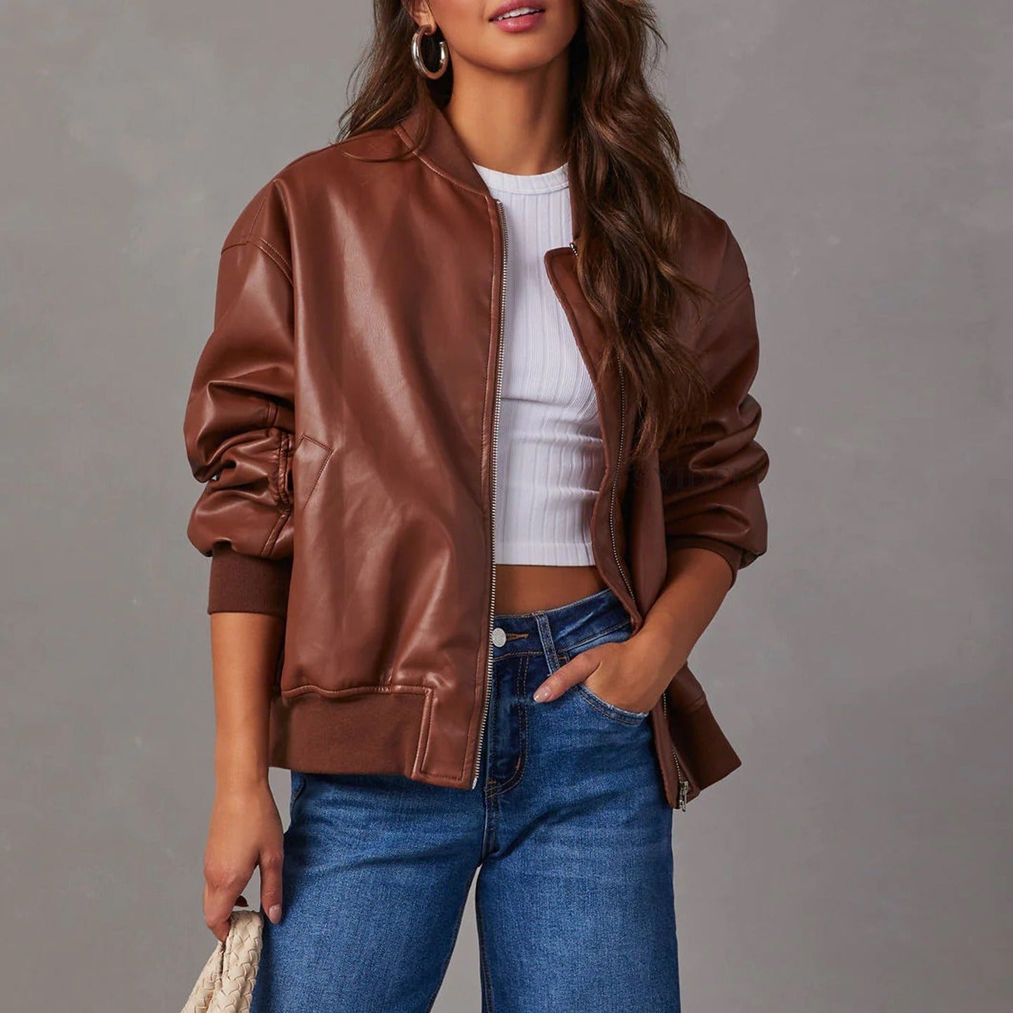 Wiselle | Giacca da biker casual in stile baseball in pelle
