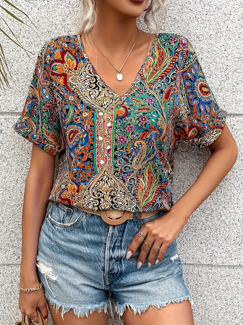 Harper - Vintage-Bluse mit V-Ausschnitt und kurzen Ärmeln