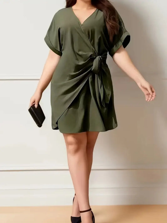 Ava - Plus Size Tie Front Solid Loose Kleid