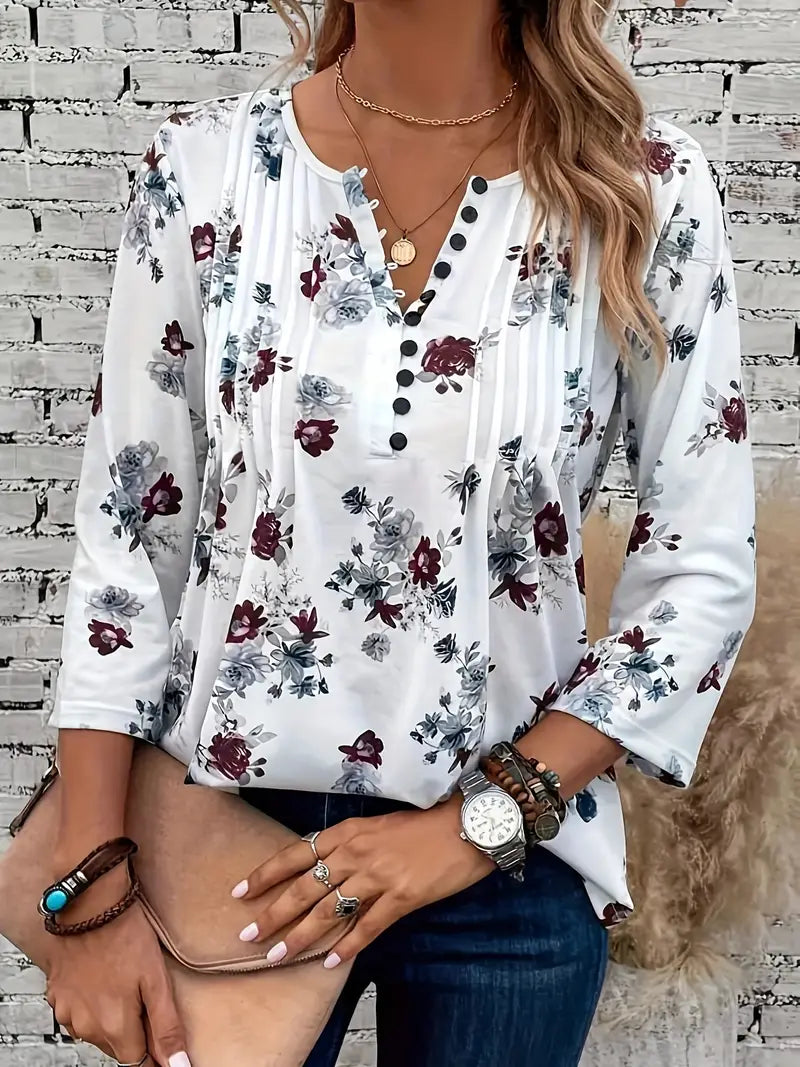 Saskia - Florales Blümchen-Tee mit V-Ausschnitt und gerüschten Ärmeln