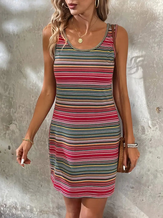 Veralynn - Bunt gestreiftes, rückenfreies Tank-Kleid