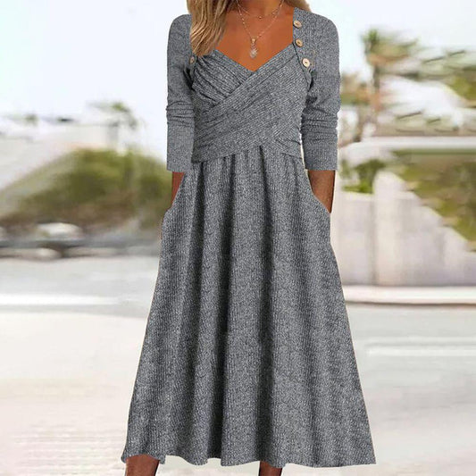 Venala | Graues Einfarbiges Midikleid Mit Seitentaschen