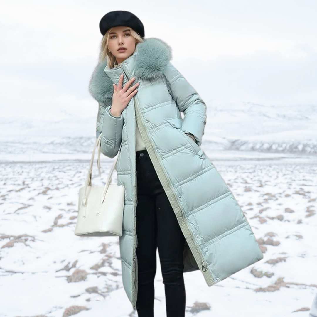 Heral | Elegante cappotto lungo trapuntato con cappuccio in pelliccia sintetica per donne