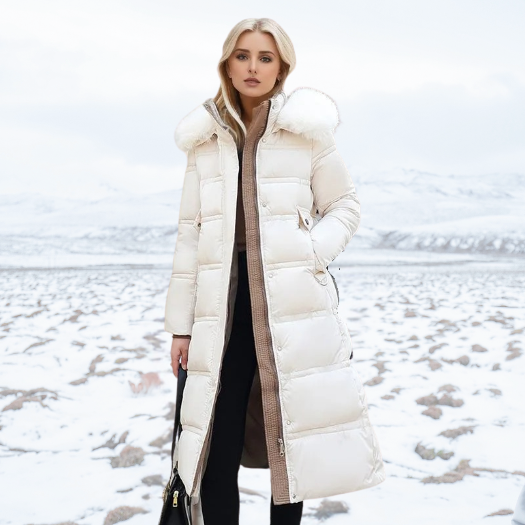Heral | Elegante cappotto lungo trapuntato con cappuccio in pelliccia sintetica per donne