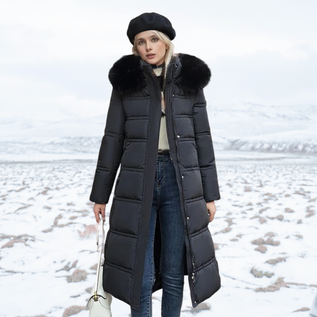 Heral | Elegante cappotto lungo trapuntato con cappuccio in pelliccia sintetica per donne