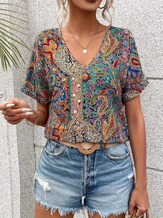 Harper - Vintage-Bluse mit V-Ausschnitt und kurzen Ärmeln