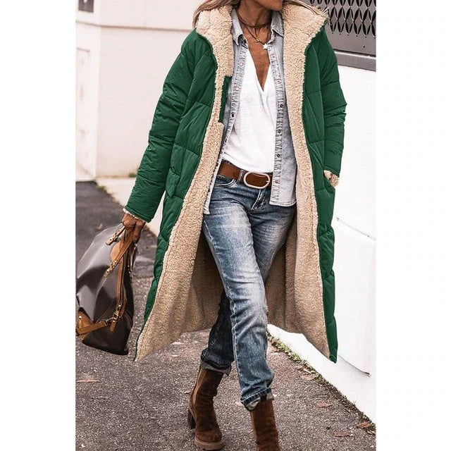 Camila | Cappotto lungo in sherpa reversibile con cappuccio