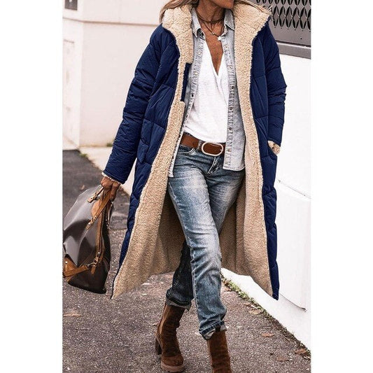 Bei | Wendemantel aus Sherpa-Fleece – langer Puffermantel mit Kapuze