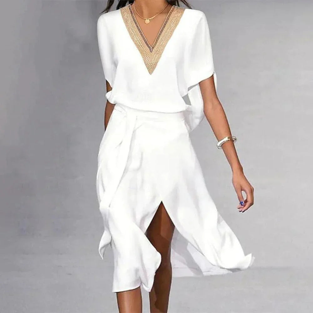 Damen Midikleid | Weiß mit V-Ausschnitt | Elegantes Sommerkleid für besondere Anlässe
