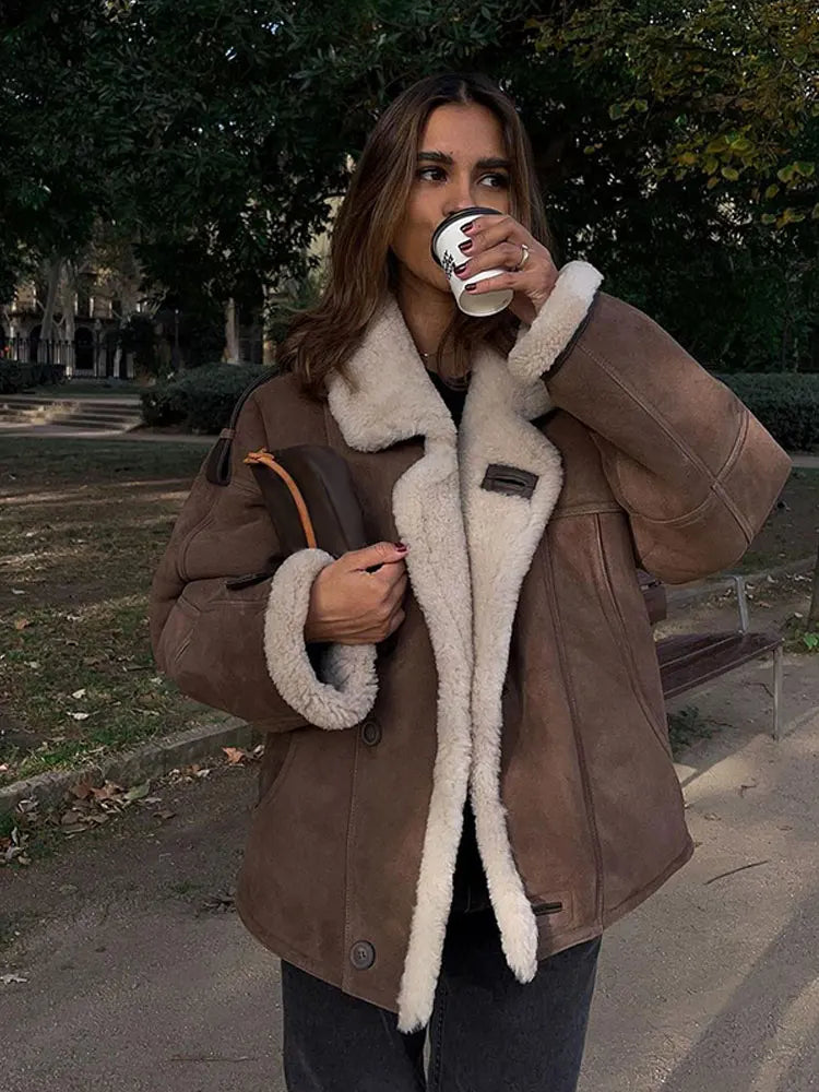 Kyliee | Dicke Damen Jacke aus Lammwolle und Leder