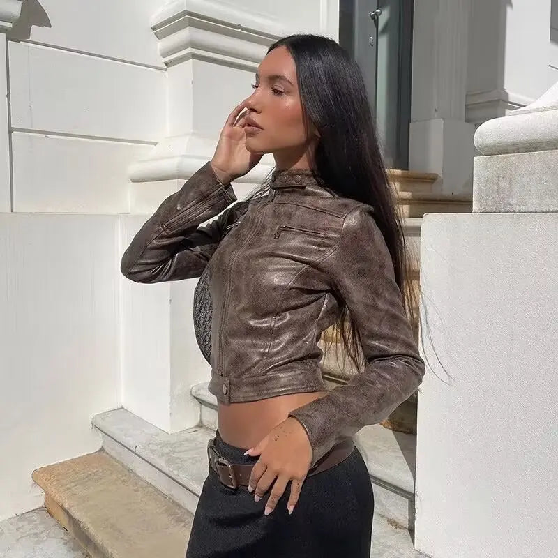 Eglie | Damen Lederjacke im amerikanischen Hot Girl Style mit Stehkragen