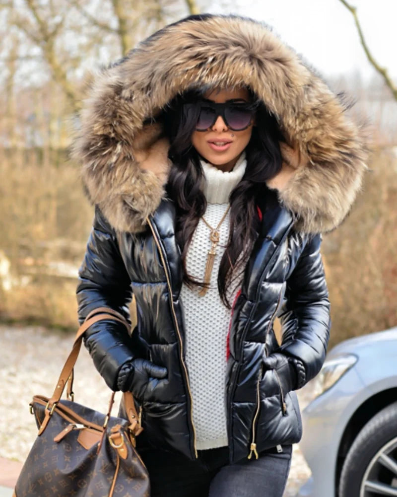 Damen Winterjacke | Puffer Design | Warm gefüttert mit Kunstpelzkapuze