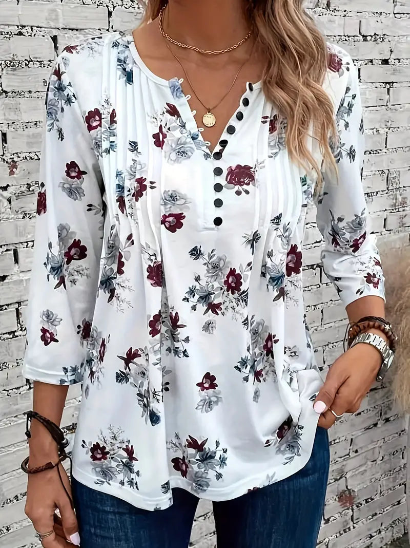 Saskia - Florales Blümchen-Tee mit V-Ausschnitt und gerüschten Ärmeln