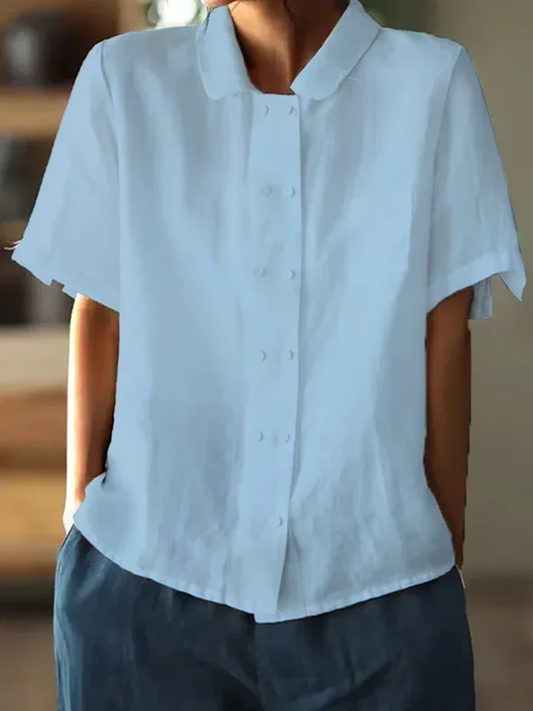 Venice | Weiße Locker sitzende Baumwoll-Leinen Bluse mit kurzen Ärmeln